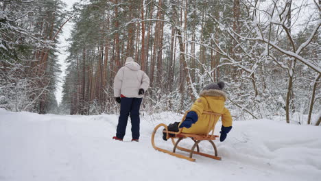 little-child-is-sitting-in-sledge-when-his-mother-is-pulling-him-over-clear-snow-in-forest